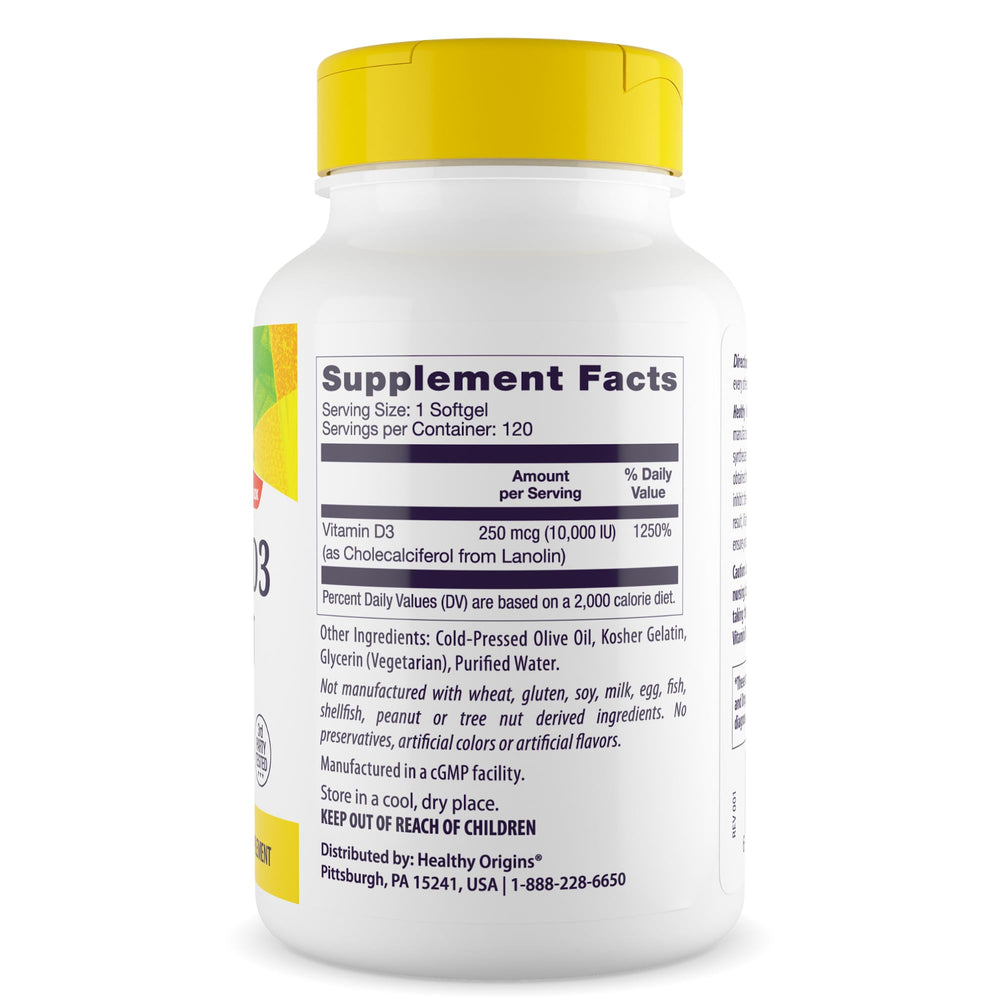 Label of Healthy Origins Vitamin D3 10,000 IU