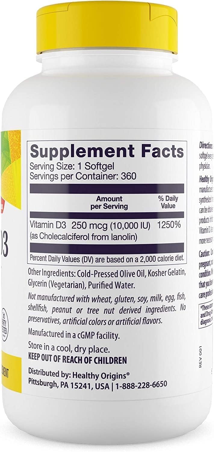 Side view of Healthy Origins Vitamin D3 10000 IU softgels