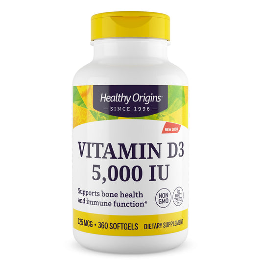 Bottle of Healthy Origins Vitamin D3 5,000 IU softgels with label