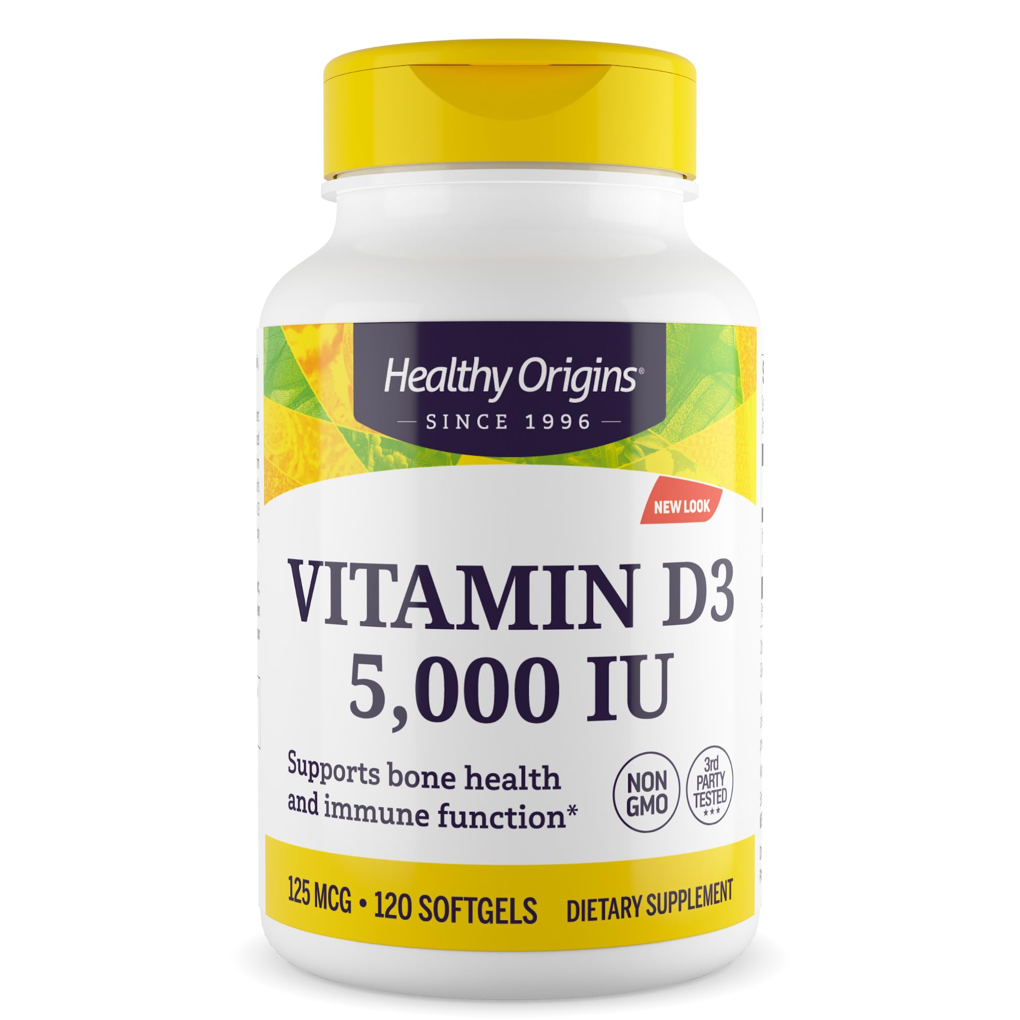 Healthy Origins Vitamin D3 5,000 IU softgels bottle showcasing 120-count