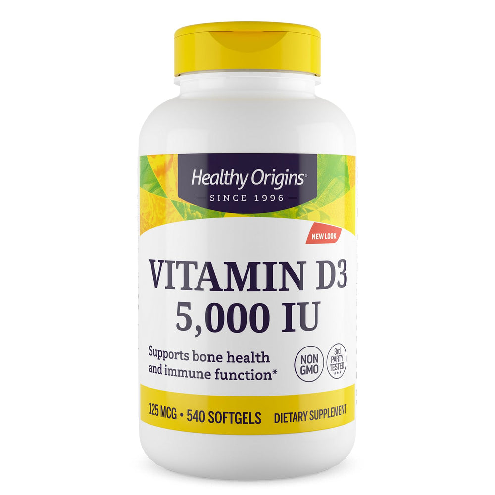 Healthy Origins Vitamin D3 5000 IU softgels bottle with lanolin