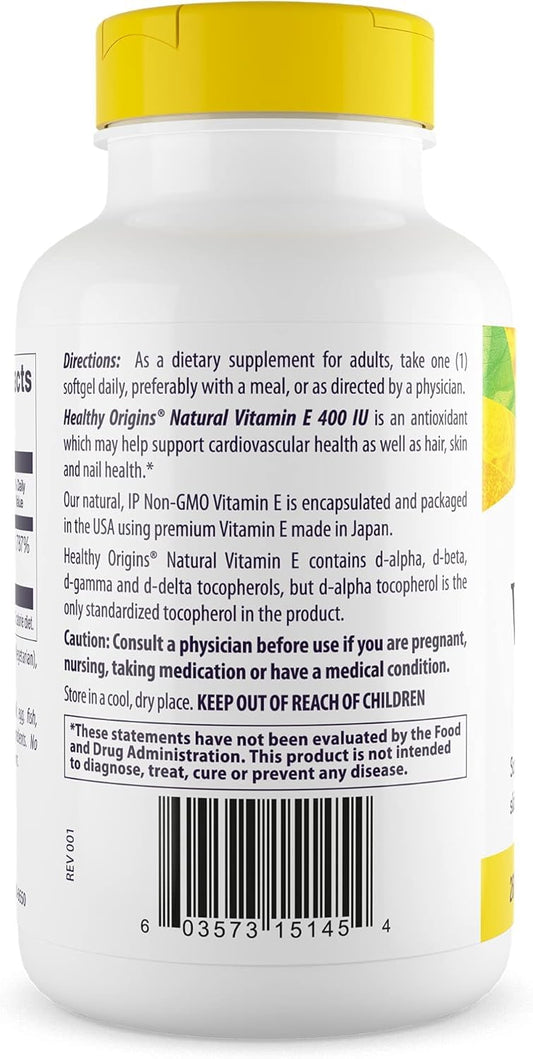 Back of bottle with supplement facts for Vitamin E 400 IU softgels