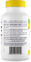 Back of bottle with supplement facts for Vitamin E 400 IU softgels