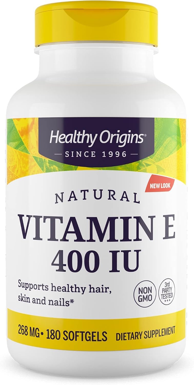 Bottle front view showing Healthy Origins Vitamin E 400 IU softgels, 180-count