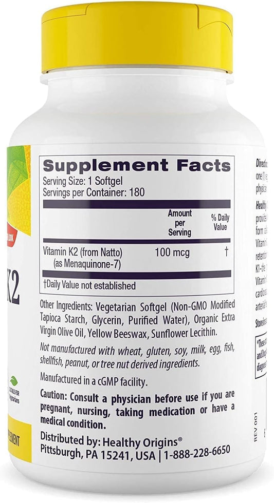 Back label of Healthy Origins Vitamin K2 100 mcg MK-7 bottle