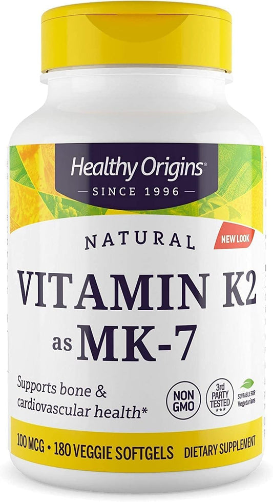 Front view of Healthy Origins Vitamin K2 100 mcg MK-7 bottle