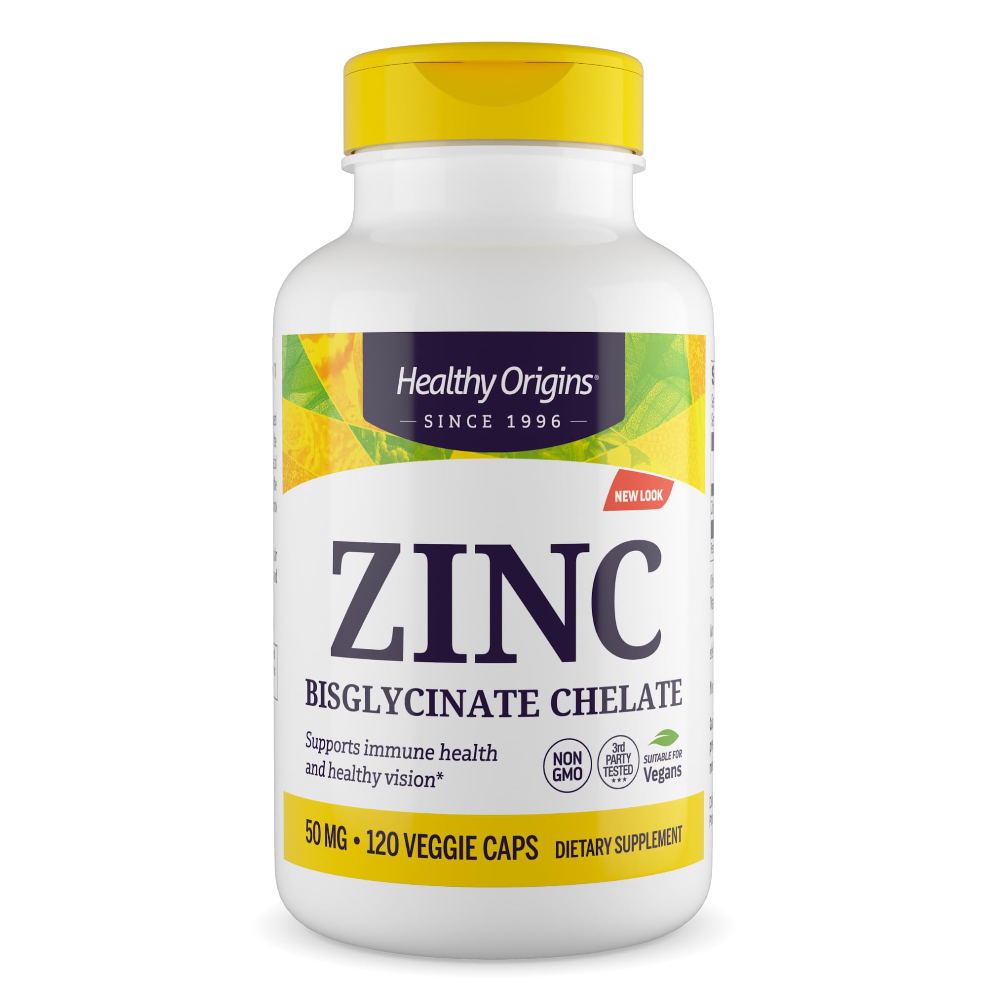 Bottle of Healthy Origins Zinc Bisglycinate Chelate 50 mg, 120 veggie caps