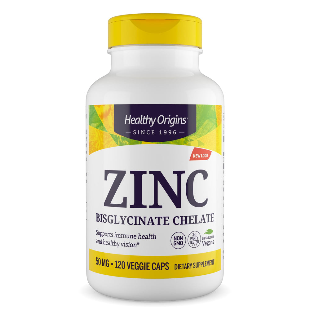 Bottle of Healthy Origins Zinc Bisglycinate Chelate 50 mg, 120 veggie caps