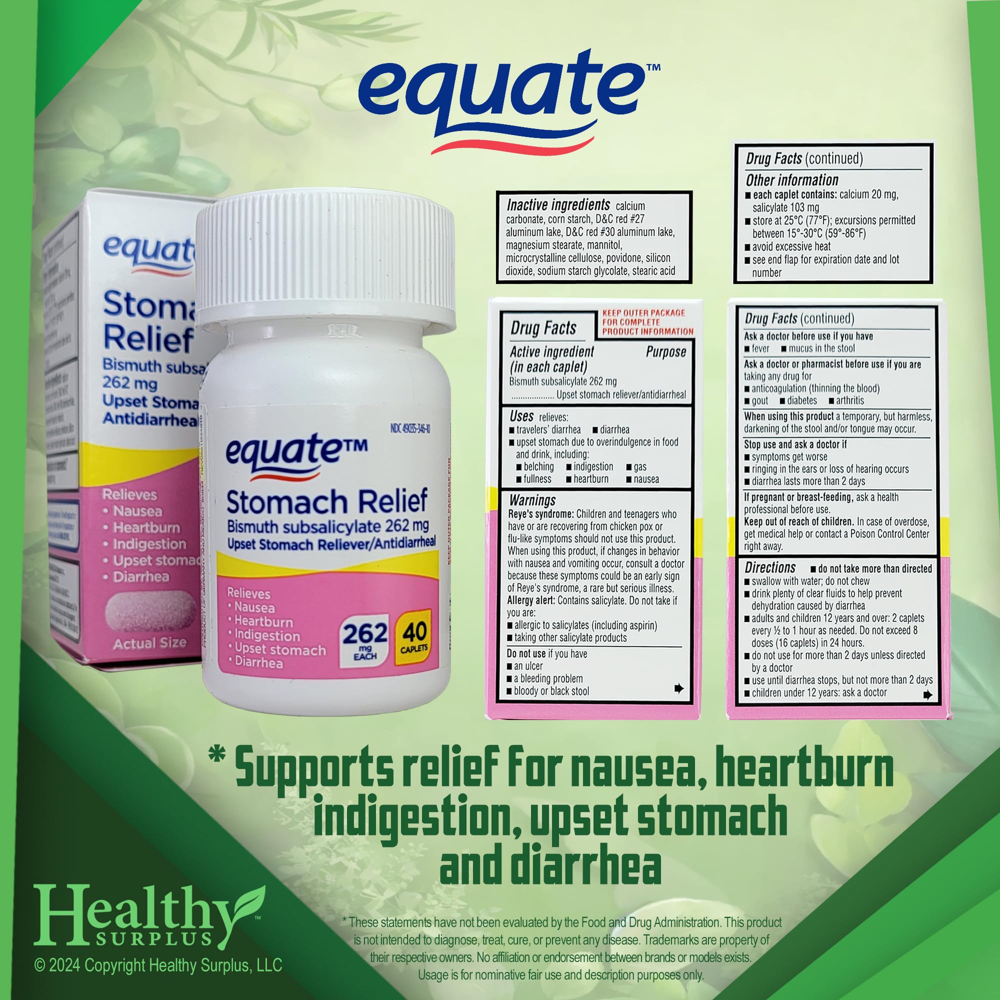 Healthy Surplus stomach relief bottle back label with dosage details.