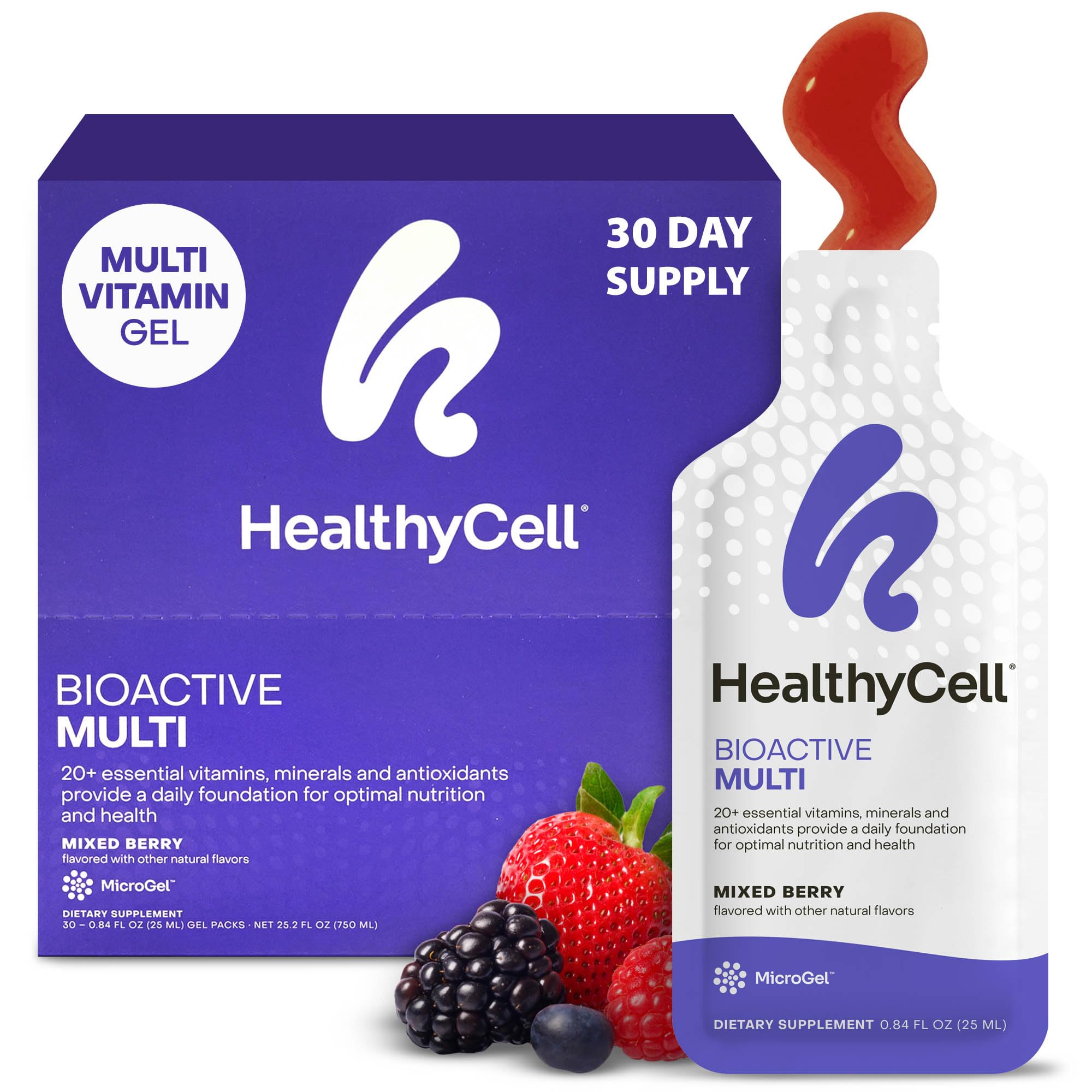 HealthyCell Bioactive daily multivitamin bottle with berry gel for convenient daily nutrition.