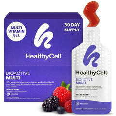 HealthyCell Bioactive daily multivitamin bottle with berry gel for convenient daily nutrition.