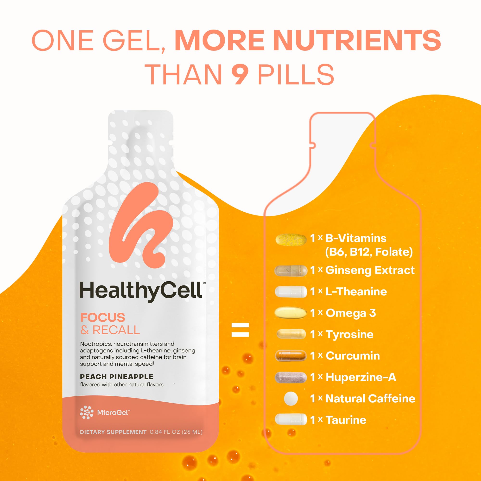 HealthyCell Focus & Recall gel being stirred into a drink for quick consumption.