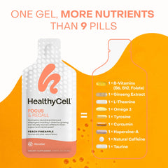 HealthyCell Focus & Recall gel being stirred into a drink for quick consumption.