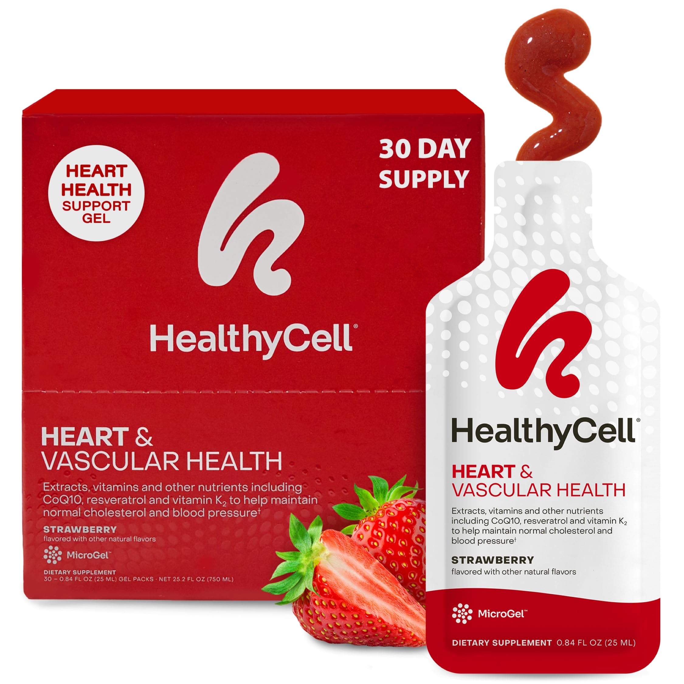 Front view of HealthyCell Heart & Vascular Health bottle with 30 gel packs