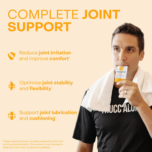 Close-up of orange-flavored gel packs for joint health and mobility