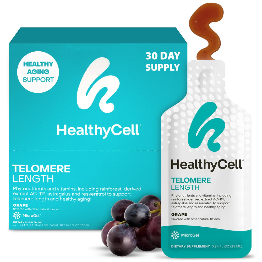 HealthyCell Telomere Length Supplement grape-flavored gel packs – front view