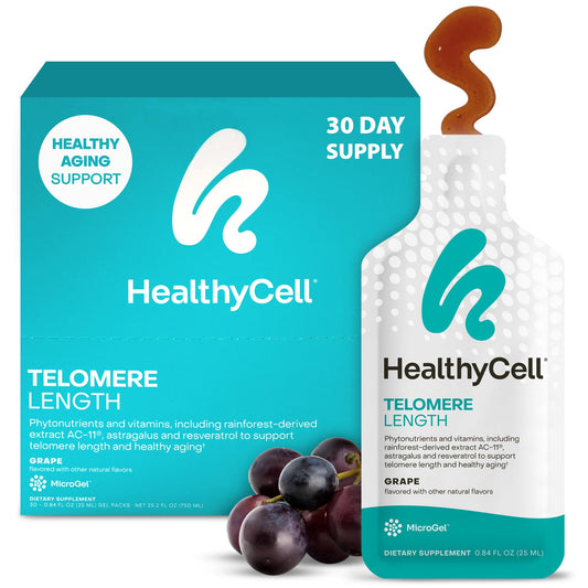 HealthyCell Telomere Length Supplement grape-flavored gel packs – front view