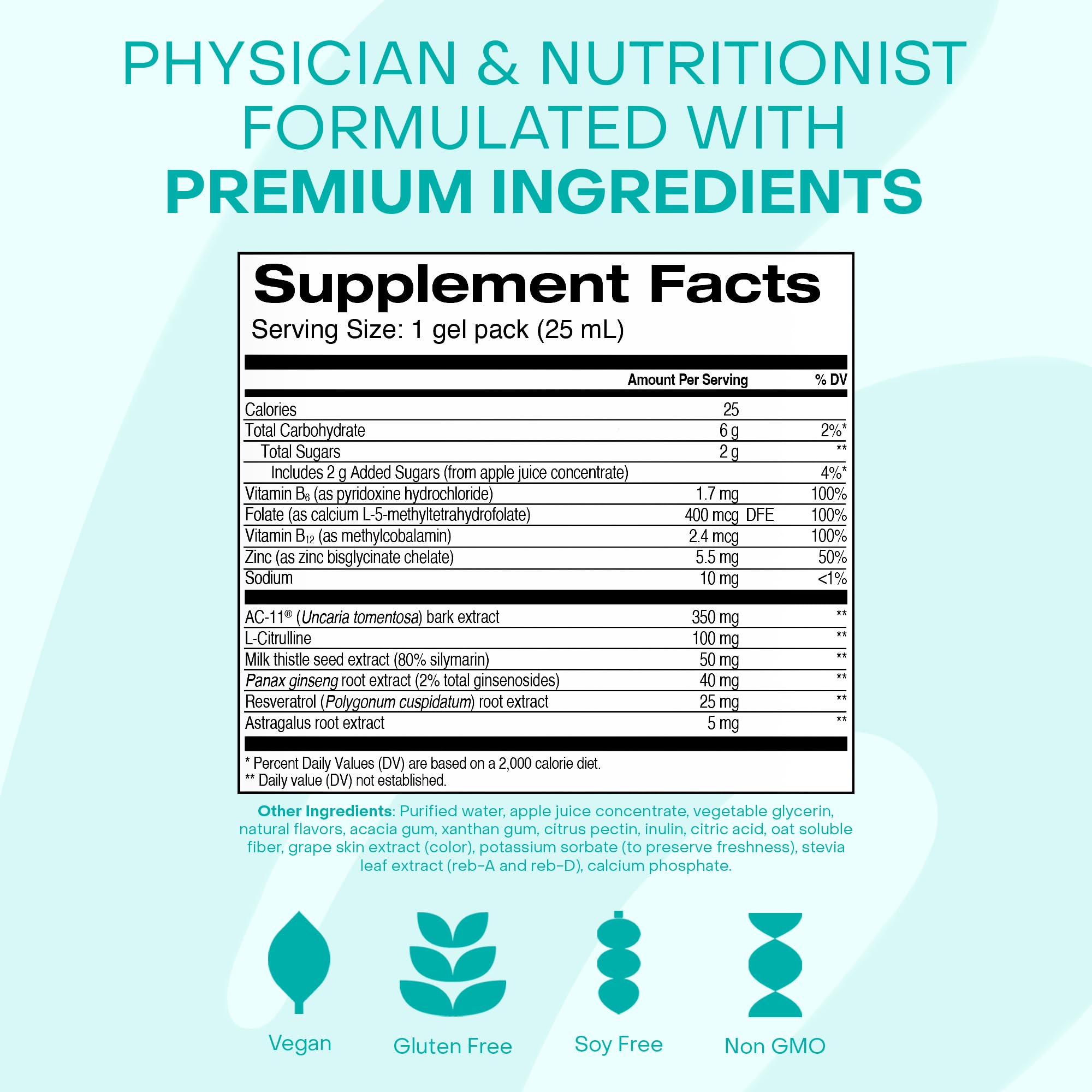 Vegan, gluten-free, soy-free and non-GMO symbol on package
