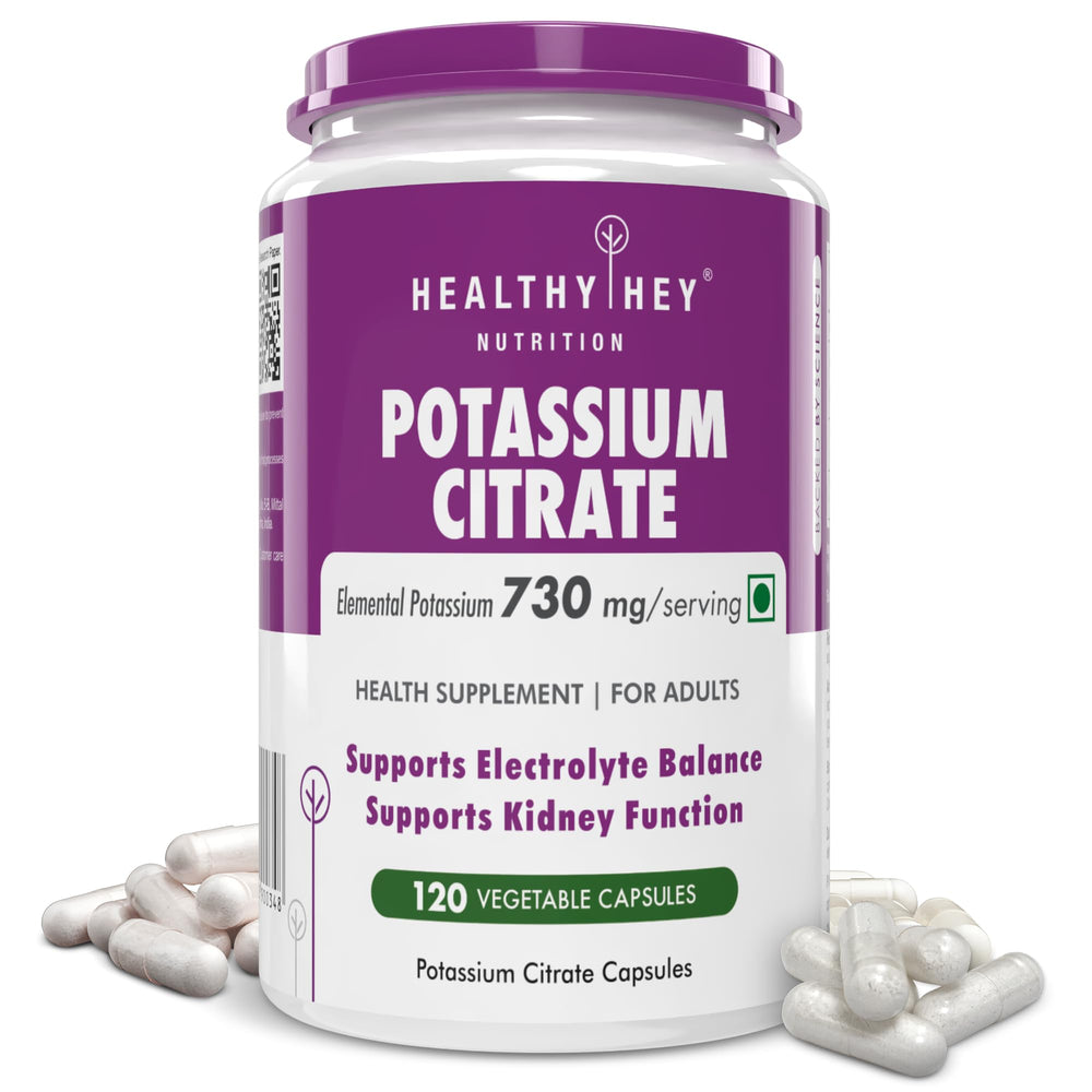 HealthyHey Potassium Citrate 730 mg bottle label with 120 vegan capsules