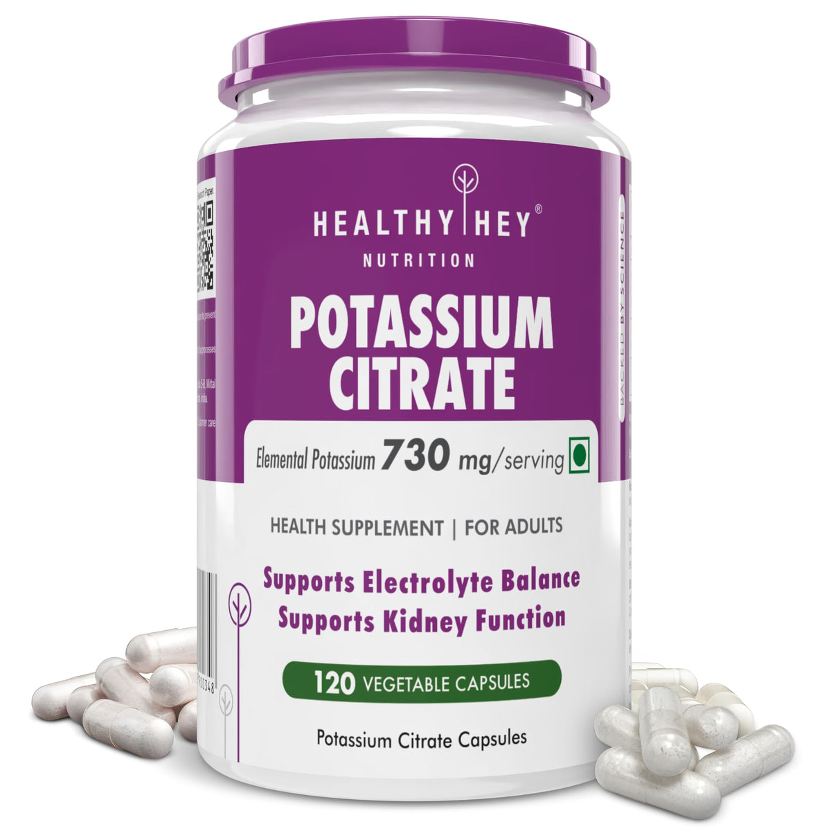 HealthyHey Potassium Citrate 730 mg bottle label with 120 vegan capsules