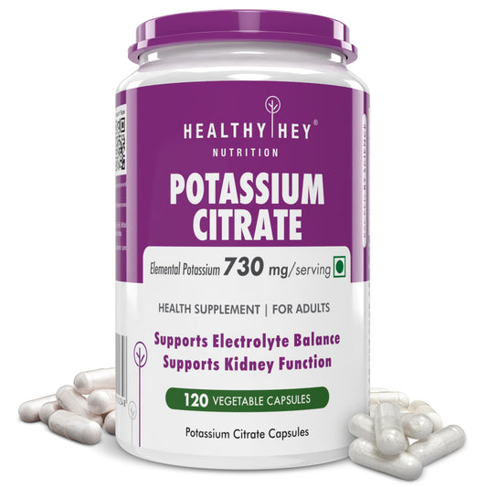 HealthyHey Potassium Citrate 730 mg bottle label with 120 vegan capsules
