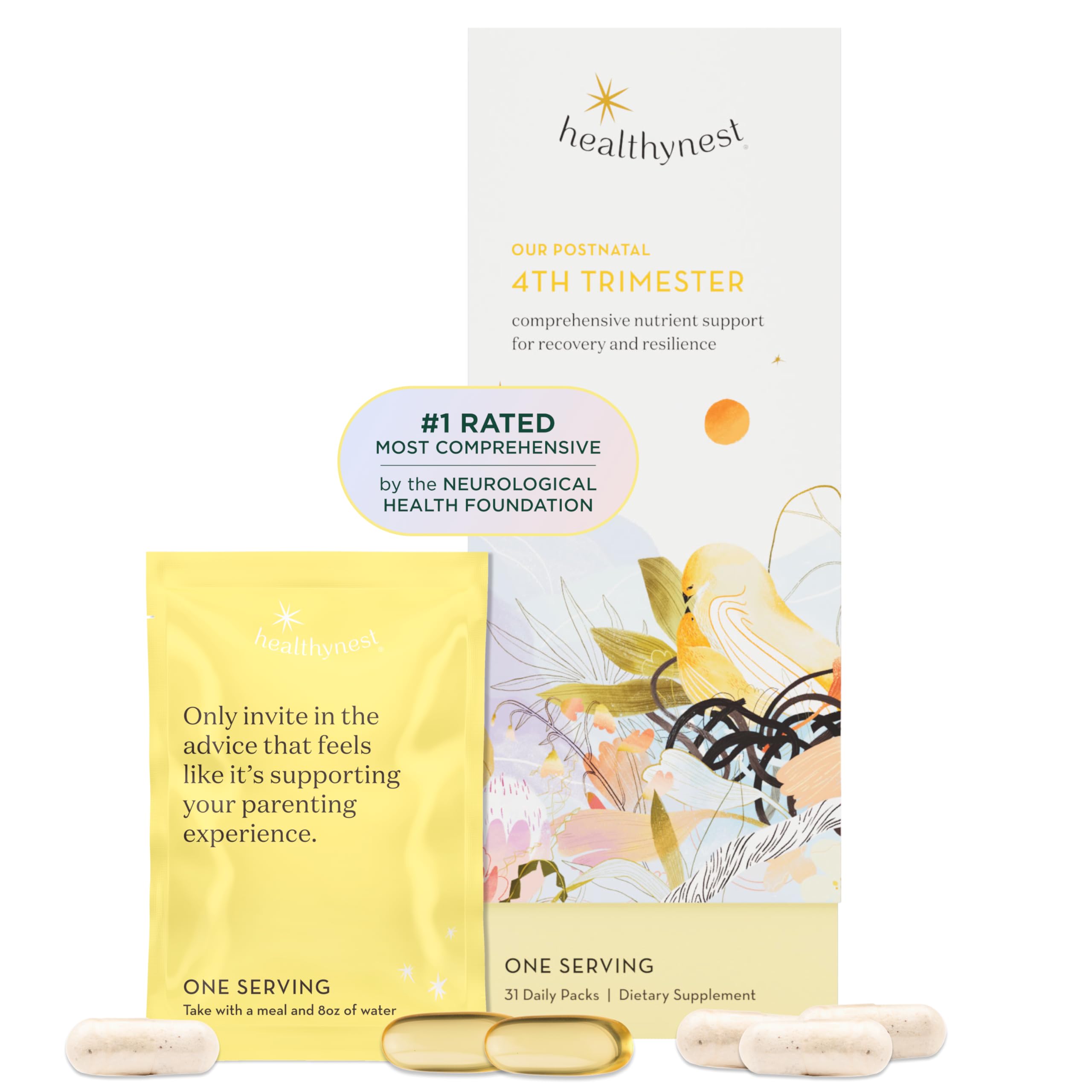 HealthyNest postnatal vitamin packaging for 4th trimester