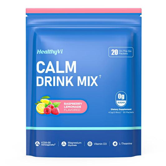 HealthyVi Calm Raspberry Lemonade Powdered Drink Mix with L-Theanine, Ashwagandha, Magnesium Glycinate, and Vitamin D3