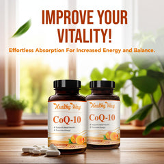 HealthyWayRx CoQ10 US-made facility seal on packaging.