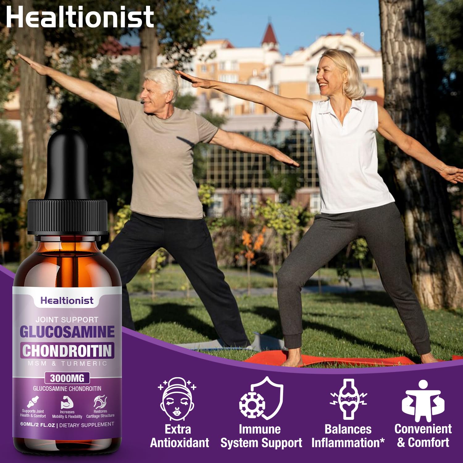 Two bottles of Healtionist glucosamine chondroitin liquid drops with dropper
