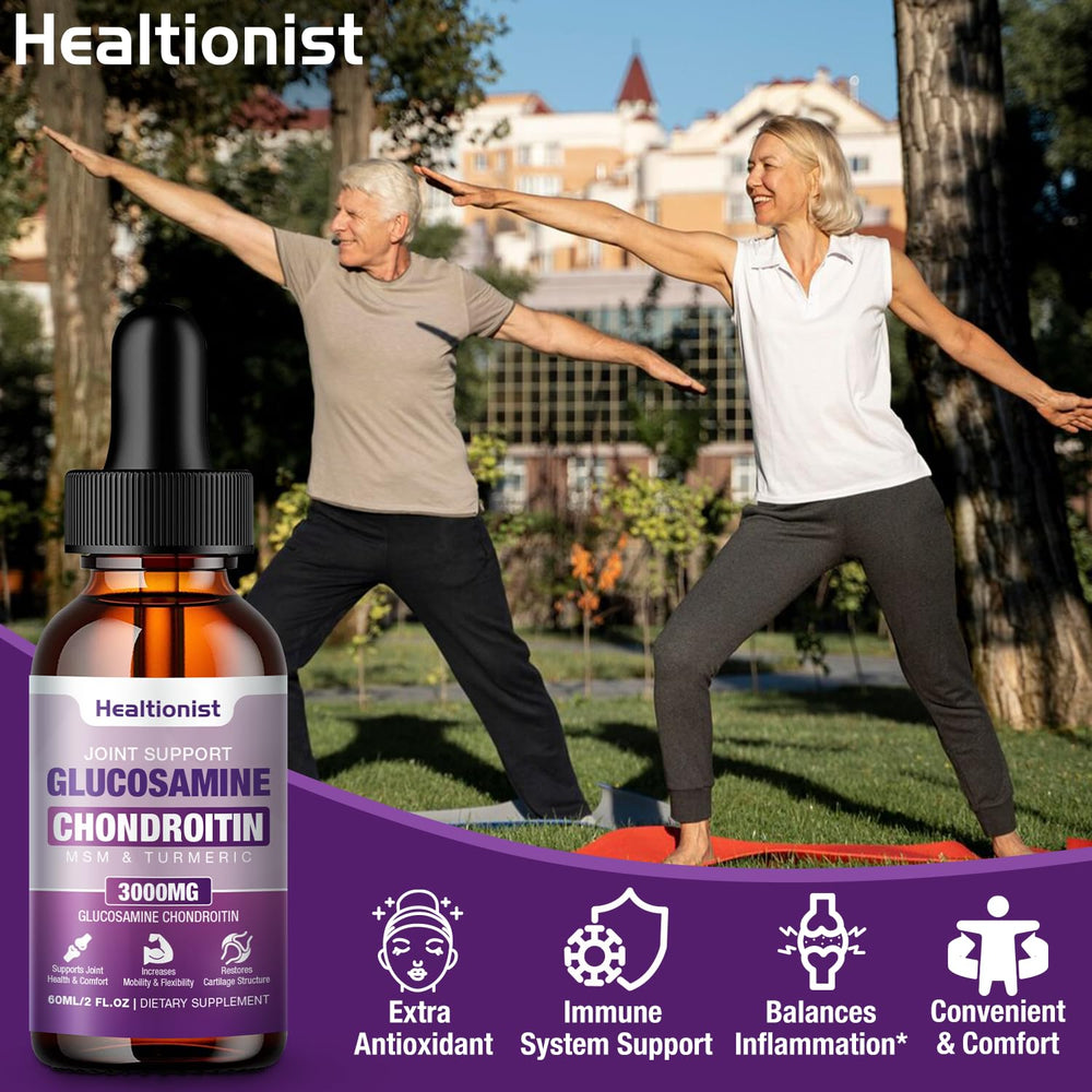 Two bottles of Healtionist glucosamine chondroitin liquid drops with dropper