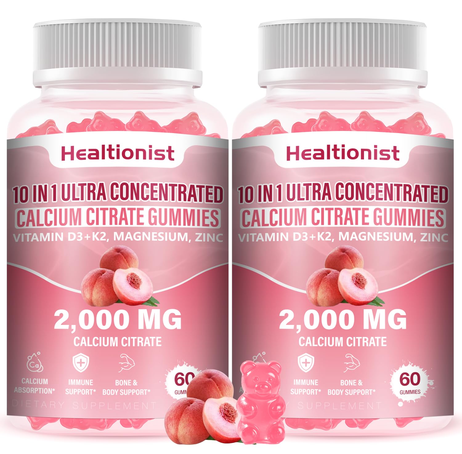 Healtionist 2000mg calcium citrate gummies bottle peach flavor