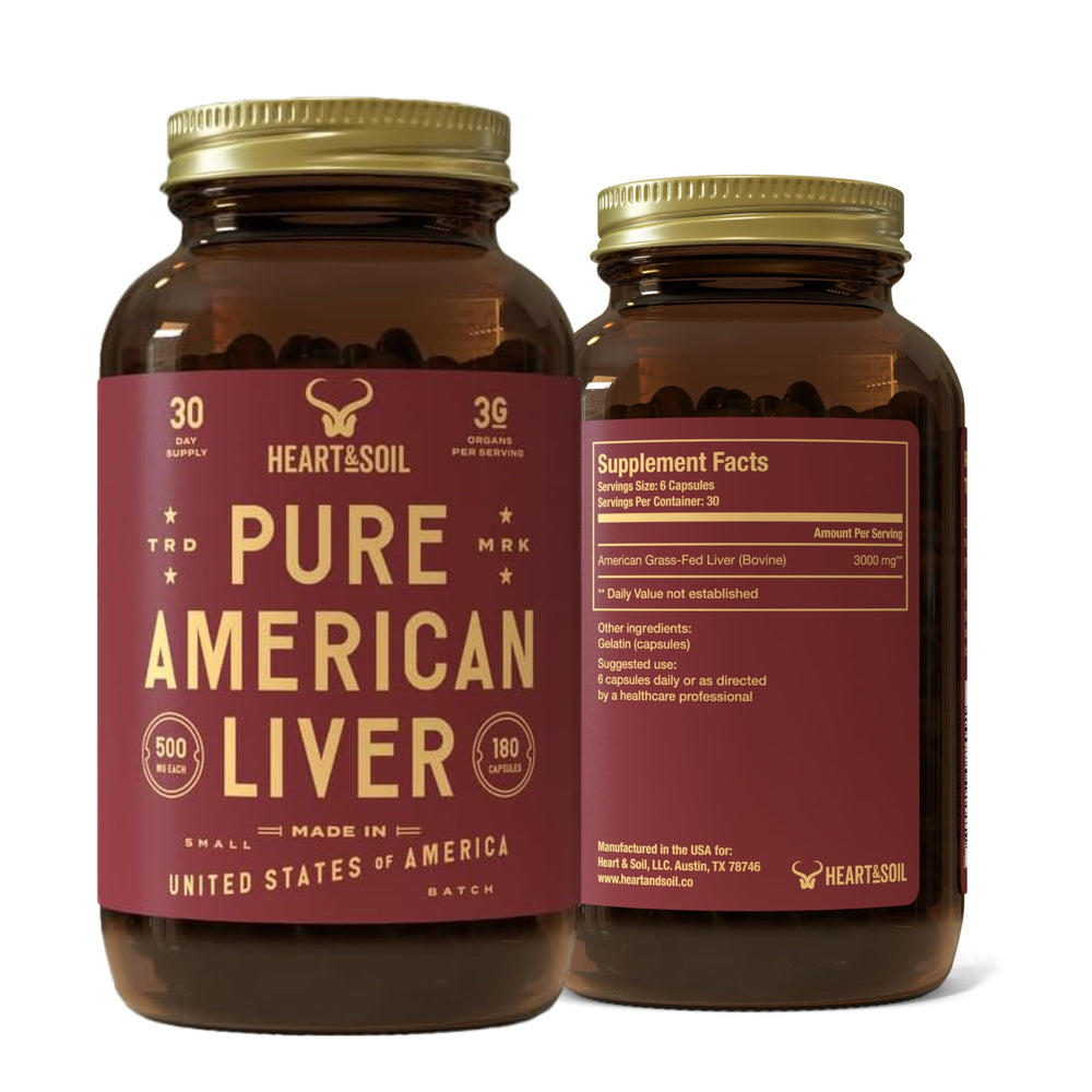 HEART & SOIL beef liver capsules in a glass bottle for daily energy support.