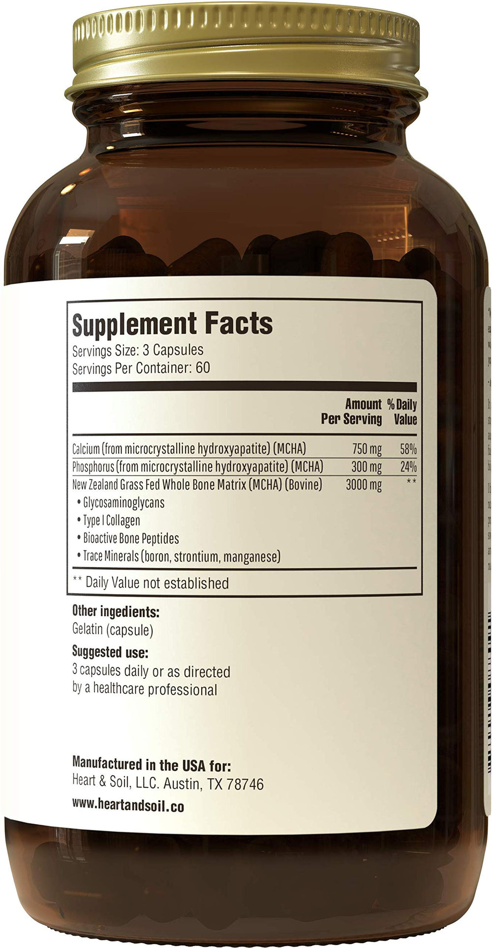 Heart & Soil Bone Matrix capsules close-up showing texture for easy daily use.