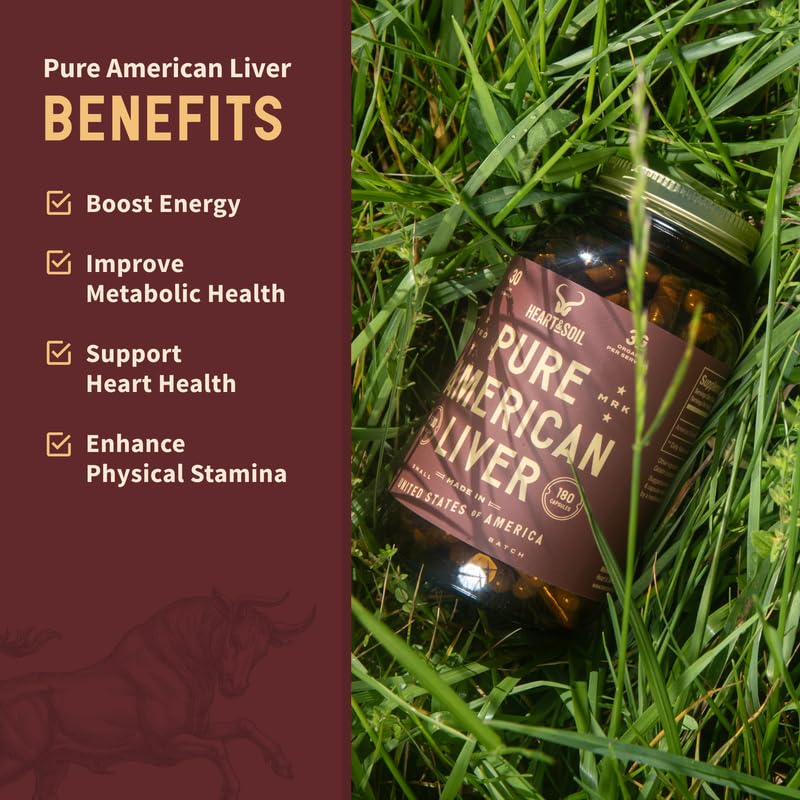 HEART & SOIL grass-fed beef liver capsules from pasture-raised cattle for natural energy support.