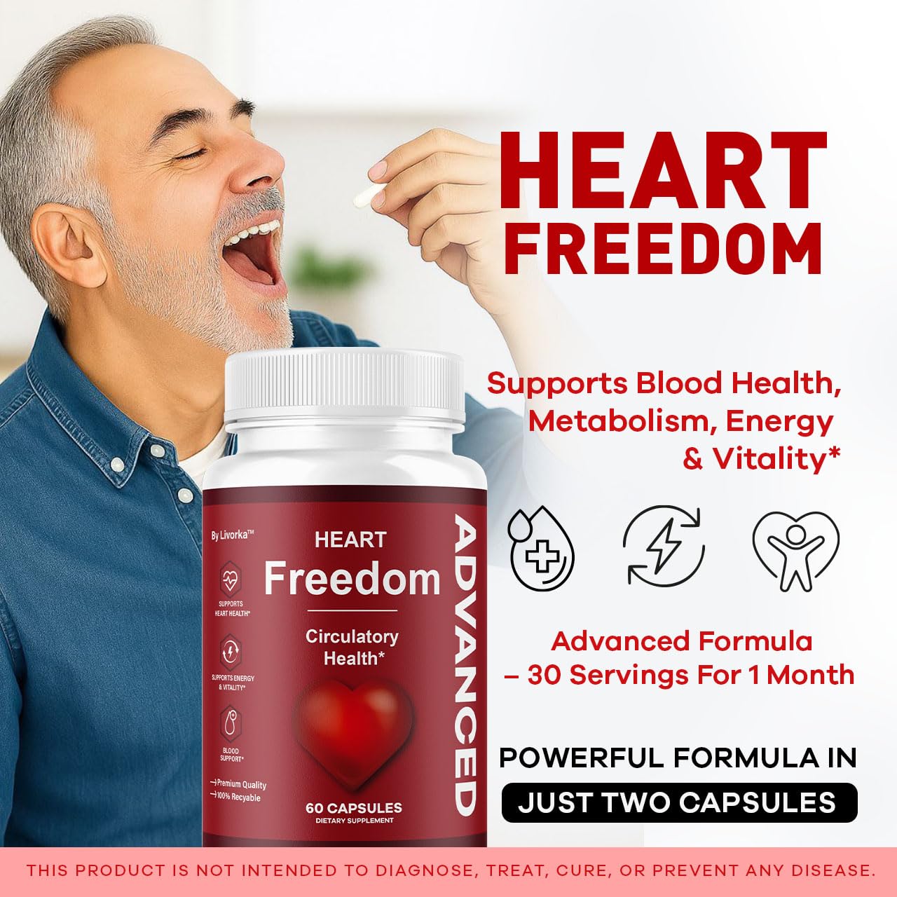 Heart Freedom capsules spilled next to bottle