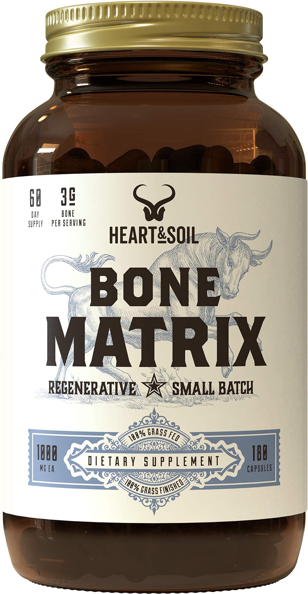Heart & Soil Bone Matrix bottle label with 180 capsules