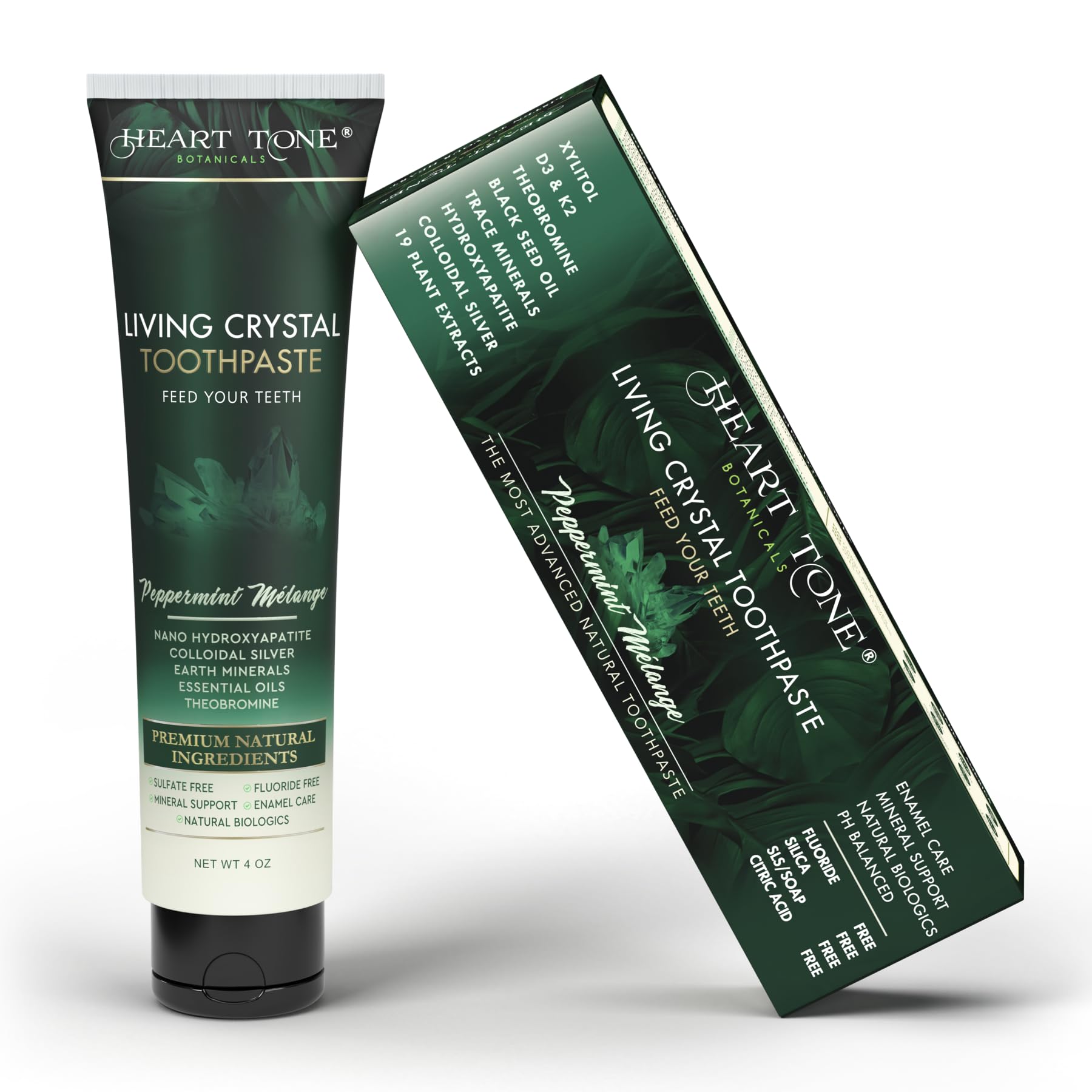 Bottle of Heart Tone Botanicals Living Crystal Toothpaste with mint accents
