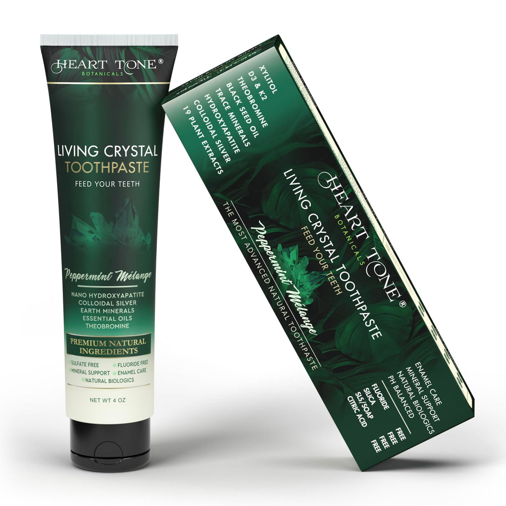 Bottle of Heart Tone Botanicals Living Crystal Toothpaste with mint accents