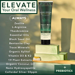Toothpaste tube surrounded by mint leaves and botanicals