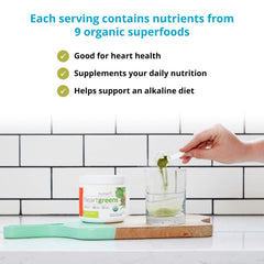 Ingredients list showing organic greens and fruits