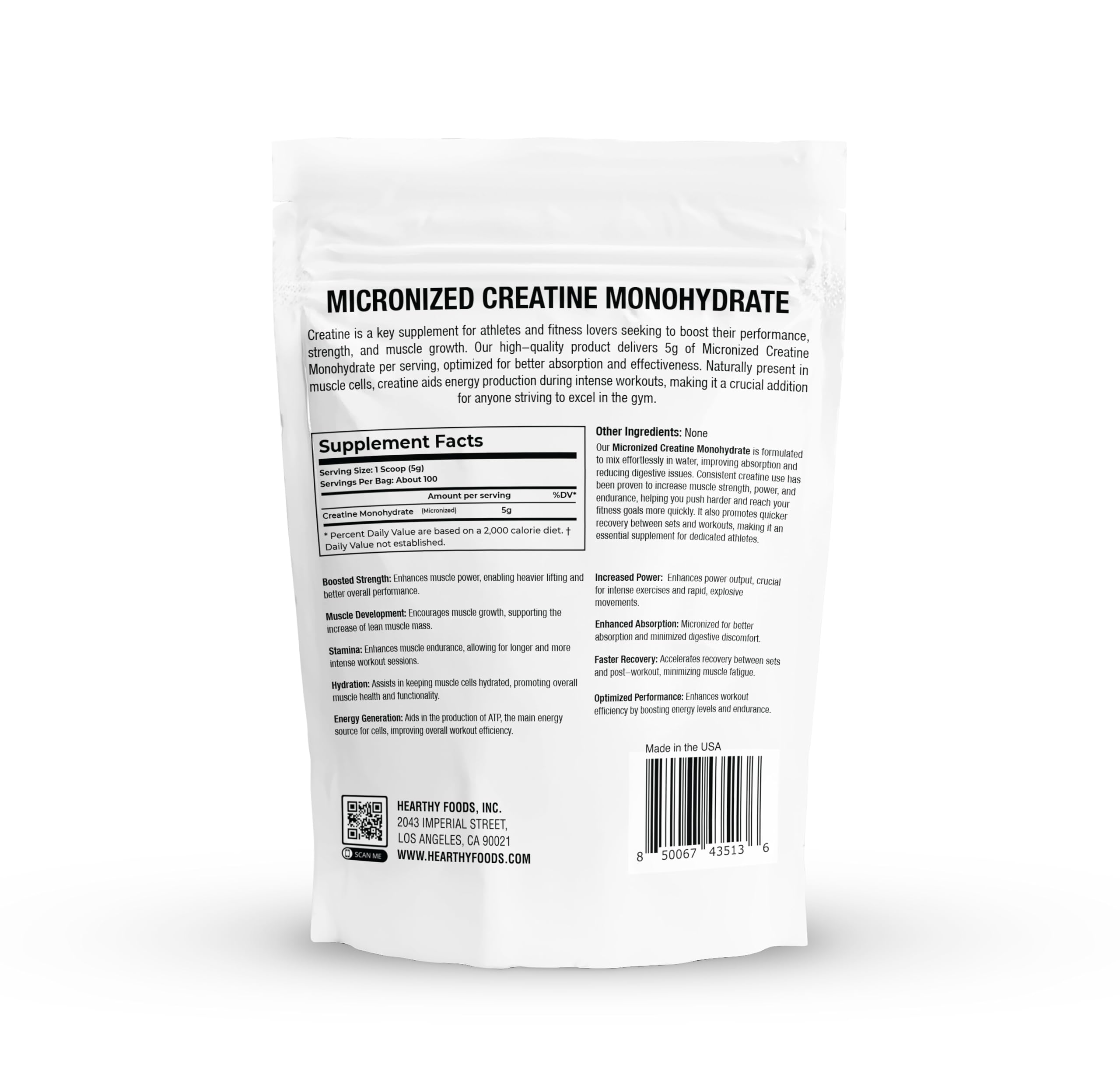 Hearthy Foods Creatine Monohydrate Micronized 500g bottle label