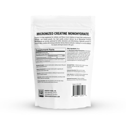 Hearthy Foods Creatine Monohydrate Micronized 500g bottle label