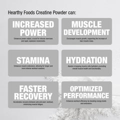 Unflavored creatine powder packaging and scoop setup from Hearthy Foods
