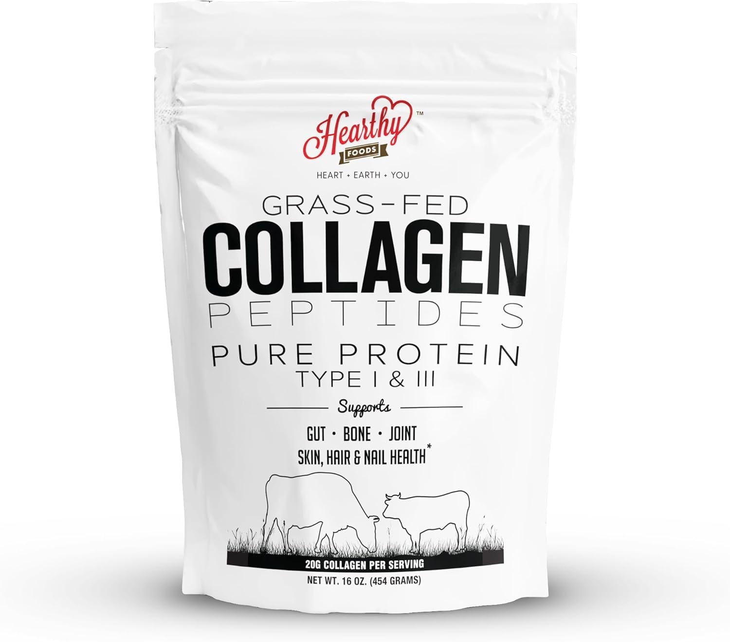 Hearthy Foods Collagen Powder bottle with scoop on white background