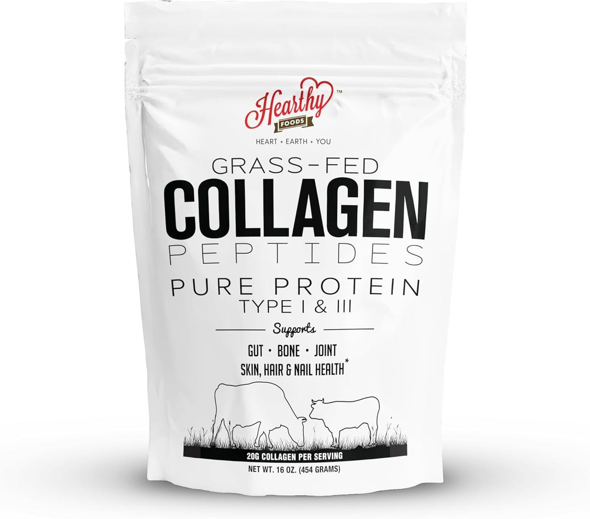 Hearthy Foods Collagen Powder bottle with scoop on white background