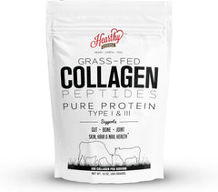 Hearthy Foods Collagen Powder bottle with scoop on white background