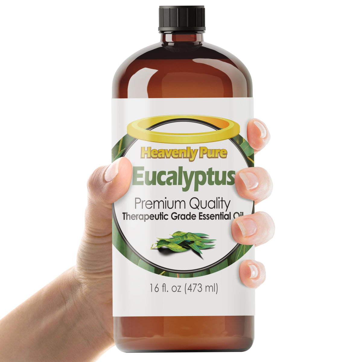 Front view of Heavenly Pure Eucalyptus Essential Oil 16 oz amber bottle