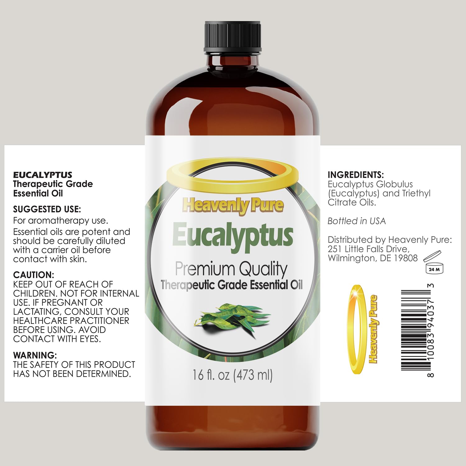Eucalyptus oil bottle with labeling and diffuser accessories