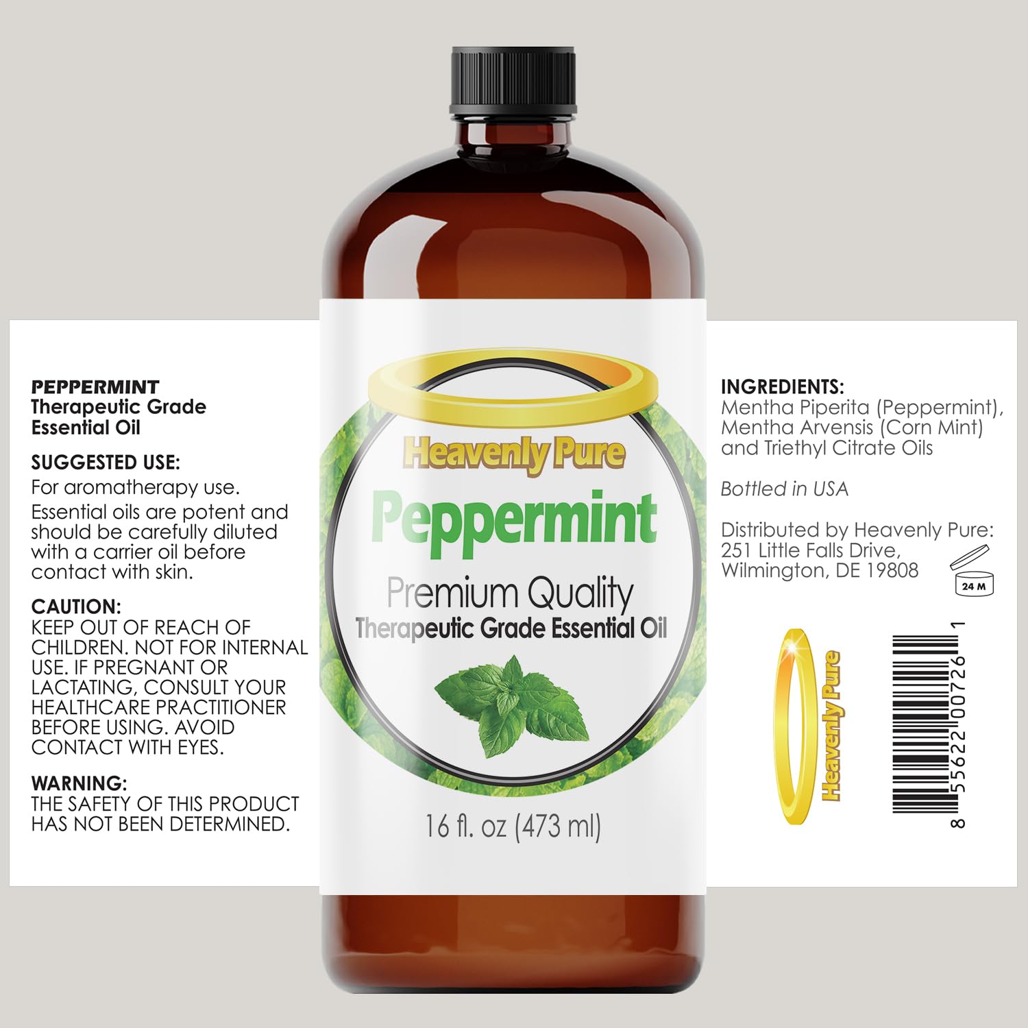 Heavenly Pure Peppermint Oil packaging and label