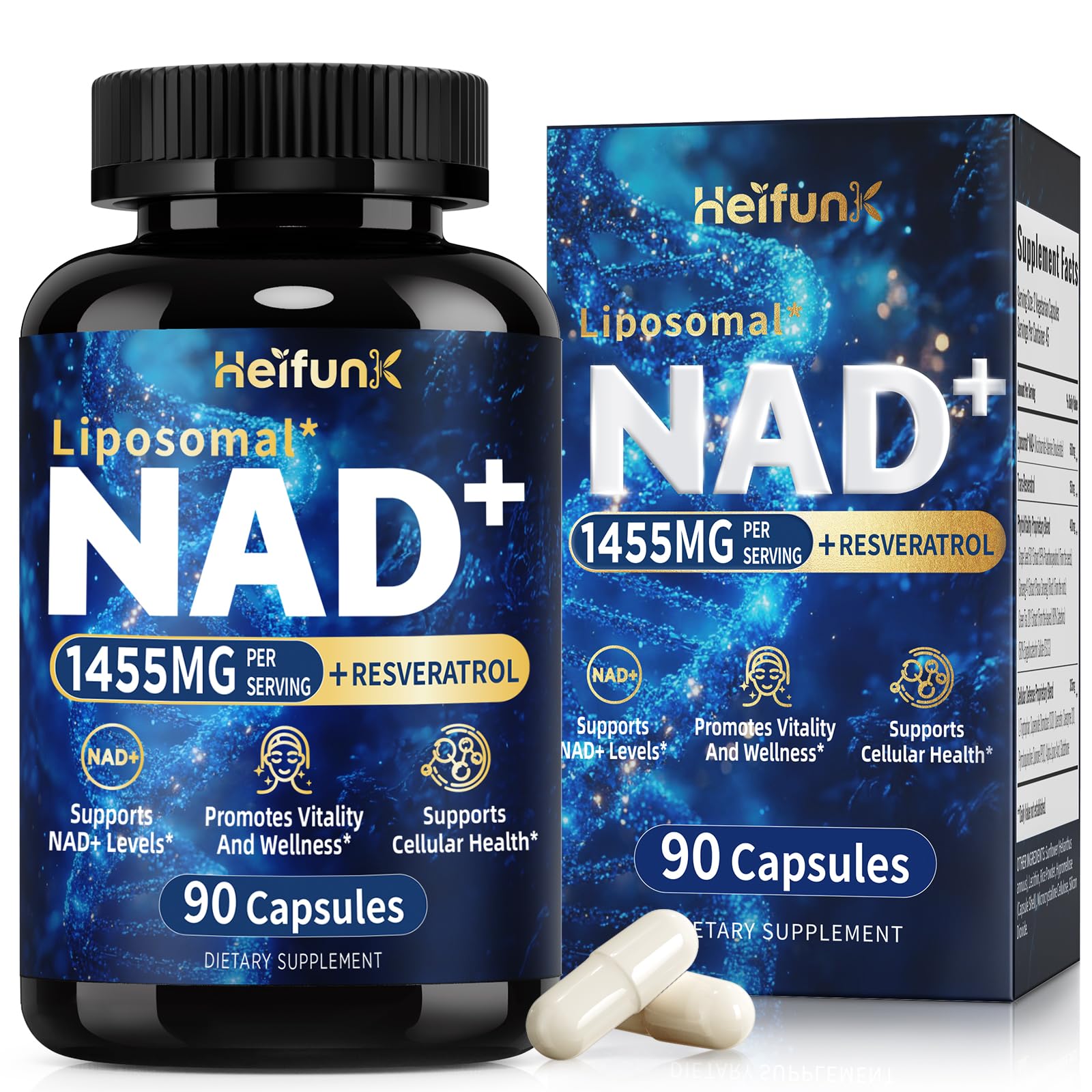 Front view of heifunk NAD+ Liposomal Supplement bottle